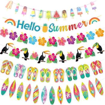 夏威夷裝飾拉旗hello summer夏日海邊派對布置拖鞋火烈鳥花朵拉花