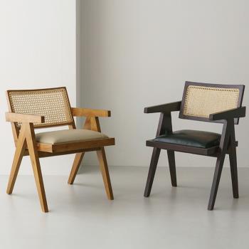 日式實木餐椅ins簡約靠背藤椅單人休閑椅設計師小戶型昌迪加爾椅