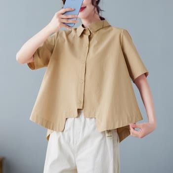 簡約日系大碼女裝polo領t恤設計感短款上衣夏季胖mm純色薄款襯衫