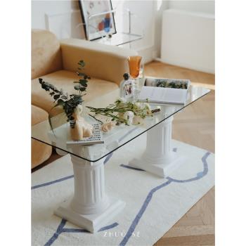 ZHUOSE 羅馬柱法式沙發茶幾ins鋼化玻璃邊幾小圓桌北歐簡約方桌