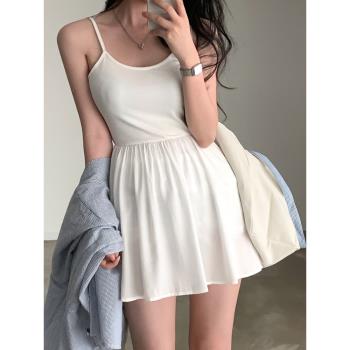 韓國chic簡約氣質設計感吊帶連衣裙女夏季小個子收腰顯瘦白色裙子