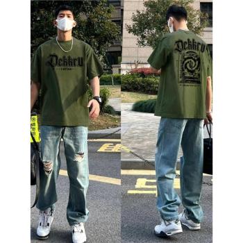 vintage美式潮牌軍綠色短袖T恤男夏季260克重磅純棉復古字母上衣