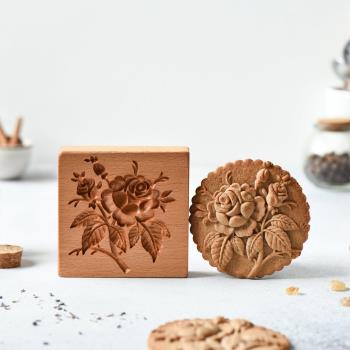 AMAGOUR 復古浮雕木質玫瑰花餅幹模具 中式烘焙翻糖壓花切模工具