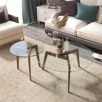 設計師款小鋼化玻璃茶幾實木現代簡約小戶型客廳輕奢圓形透明桌子