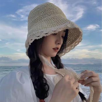 法式草編帽子女夏季后開口日系復古草帽可折疊蕾絲綁帶花邊漁夫帽