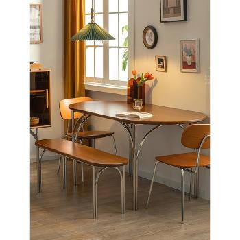 北歐實木餐桌組合中古風橢圓不銹鋼桌腿復古小戶型飯桌家用型餐桌