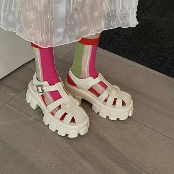 ins潮牌夏季搭配搭配羅馬涼鞋玻璃絲卡絲撞色豎條女中筒襪堆堆襪