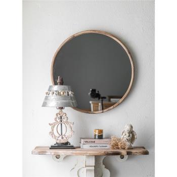 試衣鏡梳妝鏡實木圓形壁掛原木做舊復古化妝鏡藝術裝飾鏡衛浴鏡子