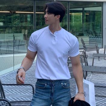 夏季亨利領短袖上衣立領T恤修身日系型男韓版韓國東大門男裝潮流