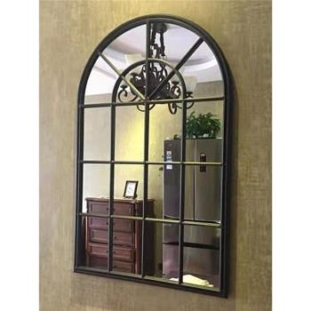 玄關裝飾掛鏡框歐式復古鐵藝假窗鏡壁飾圓弧假窗戶掛飾壁景客廳