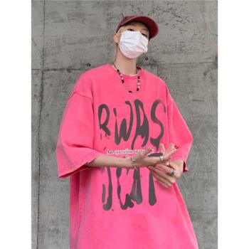 歐美hiphop粉色短袖男款夏季美式高街重磅t恤oversize大碼五分袖