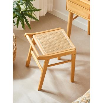 北歐藤編凳家用客廳方凳小板凳創意實木化妝凳日式梳妝凳網紅矮凳