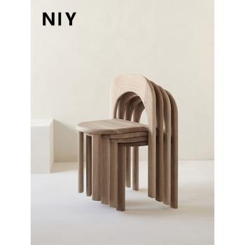 hya實木餐椅可疊放凳子椅子折疊椅橡木靠背餐凳家居奶油風原木色