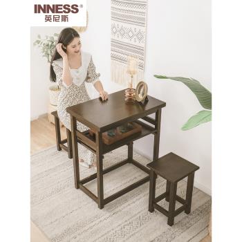 英尼斯 實木小戶型可折疊餐桌 現代簡約家用長方形飯桌組合收納柜