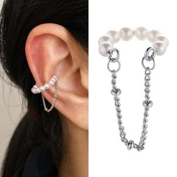 Pierced chain earrings pearl double-layer ear clip耳夾