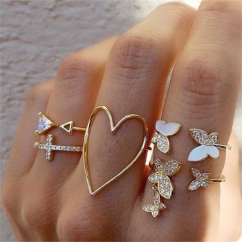 5 pcs set Cross triangle love diamond butterfly ring戒指女