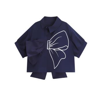 ANNX2023蝴蝶結女孩藍色短袖不對稱襯衫寬松顯瘦別致小眾上衣減齡