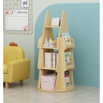 兒童旋轉書架實木簡約落地多層置物架家用書柜寶寶玩具繪本收納架