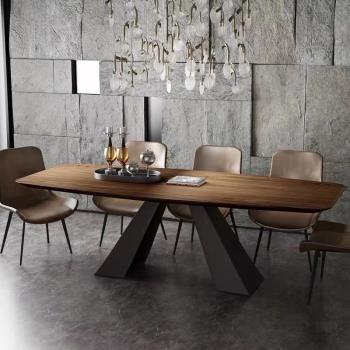 北歐實木餐桌工業風鐵藝現代簡約個性胡桃木色餐臺長方形實用餐桌