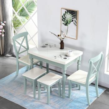 實木餐桌椅組合多功能地中海風格餐桌可伸縮小戶型折疊桌家用4人