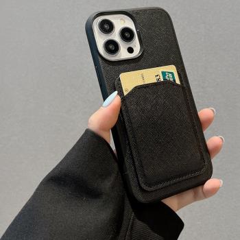 黑色皮紋卡包適用蘋果14pro手機殼插卡iPhone13口袋12promax放卡片11高級感XS防滑XR耐臟X大孔8plus卡套7p套