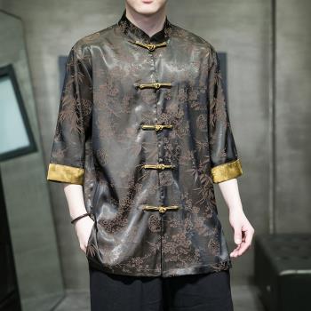 中式唐裝中國風男裝冰絲五分袖短袖襯衫男盤扣中式大碼居士服漢服