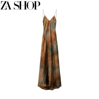 ZA夏新款女裝性感露背V領絲緞質感印花吊帶長裙迷笛連衣裙8025438