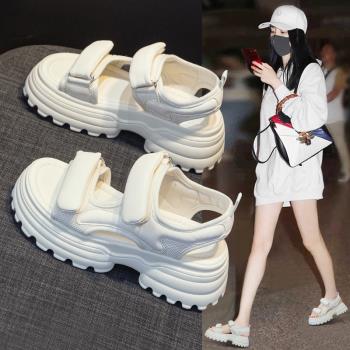 厚底涼鞋女2025夏季新款外穿魔術貼輕便休閑運動羅馬增高沙灘鞋女