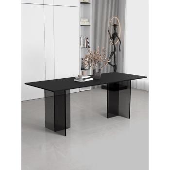 亞克力巖板懸浮餐桌小戶型長方形島臺簡約書桌現代黑色透明腳桌子