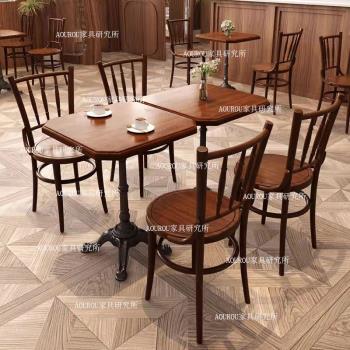 美式中古風酒吧民宿實木餐桌椅組合復古甜品咖啡店西餐廳小圓方桌