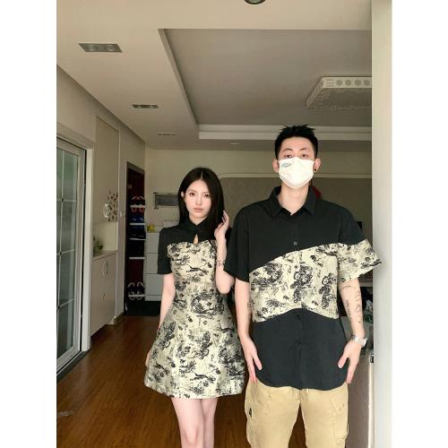 情侶裝一裙一衣高級感新中式復古2023新款夏季法式小眾旗袍連衣裙