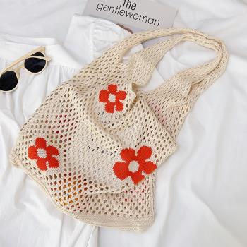 夏季ins慵懶風鏤空針織花朵單肩包手提包大容量購物袋腋下包女包