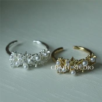 柴夫工作室/J173 溫柔法式花型珍珠浪漫食指戒小眾復古鋯石戒指