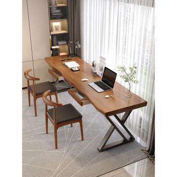 實木書桌雙人簡約北歐原木電腦桌長條桌窄桌長方形辦公桌寫字桌子
