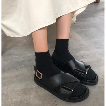 網紅同款女鞋韓版真皮拖鞋港風厚底沙灘鞋休閑百搭防滑涼鞋平底鞋