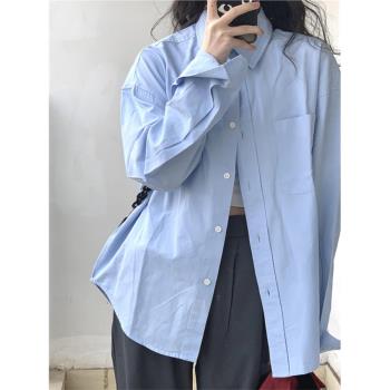 藍色防曬襯衫女夏季2023新款法式設計感襯衣薄款長袖開衫外套上衣