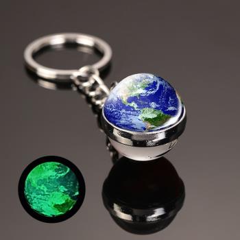 夜光宇宙星球鑰匙扣太陽系金屬掛件星系星云地球雙面玻璃球鑰匙鏈