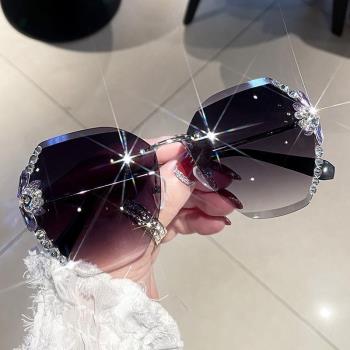 太陽眼鏡鑲鉆墨鏡女高級感ins顯臉小無框防紫外線眼鏡2022年新款