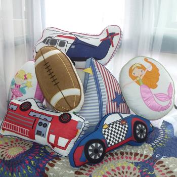 卡通兒童抱枕造型枕可愛汽車飛機美人魚純棉靠墊禮品歐美外貿原單