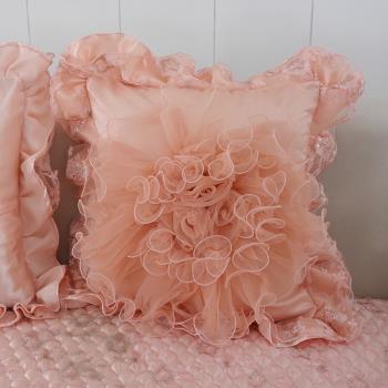 蕾絲方形抱枕套粉紅色靠墊歐式家居沙發不含芯汽車柔軟靠枕套熱銷