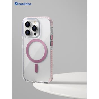 Sanlinba電鍍金屬感磁吸手機殼適用于蘋果iPhone14ProMax透明MagSafe保護殼新款情侶電鍍按鍵TPE強防摔手機套