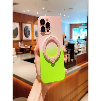 雙色矽膠磁吸旋轉支架一體適用於蘋果16pro手機殼自帶鏡頭膜iPhone13promax全包軟殼防摔12高階感創意男女11p