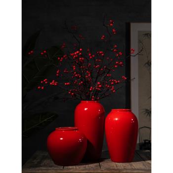 景德鎮高檔手工陶瓷紅色花瓶新中式婚慶裝飾臥室客廳酒柜桌面擺件