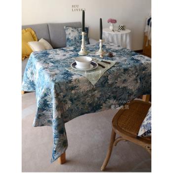 歐式復古文藝做舊古典風花朵藍色臺布餐桌布藝茶幾布蓋布料裝飾