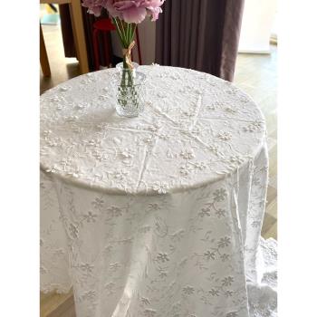 歐式法式ins白色純棉清新立體花刺繡蕾絲高級臺布餐桌布藝蓋布料