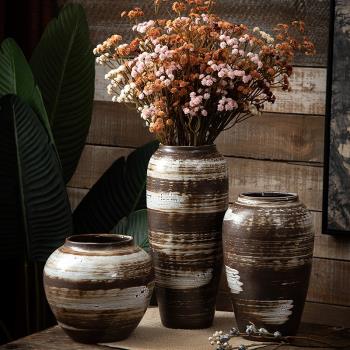 景德鎮復古臺面陶瓷花瓶懷舊粗陶客廳桌面干花裝飾擺件三件套花器