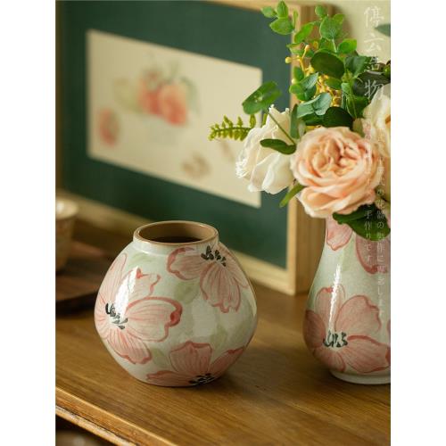 日式粉引手繪陶瓷花瓶小號復古化妝土花器民宿陶藝擺件裝飾景德鎮