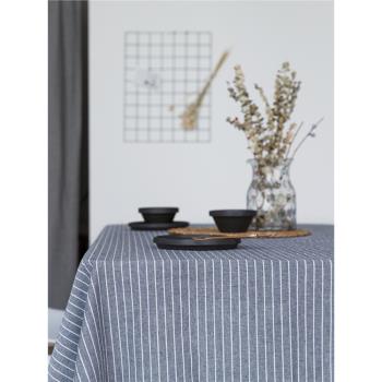 簡約日式北歐棉麻亞麻條紋藍灰黑灰餐桌布藝臺布料蓋布茶幾布裝飾