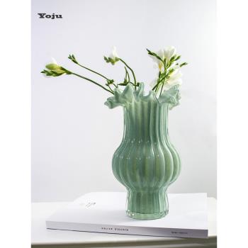 Yoju中古奶油琉璃花瓶客廳高階感輕奢插花擺件簡約小眾玻璃鮮花瓶