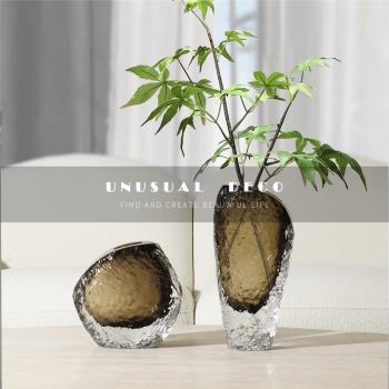 UNUSUAL 輕奢灰色冰種玻璃花瓶擺件手工花器客廳茶幾樣板間裝飾品